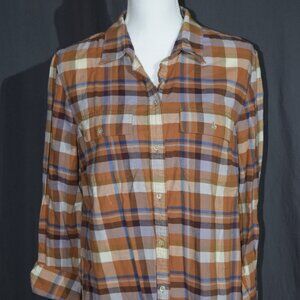 L.L.Bean Signature Brown & Blue Plaid Flannel Button-Up Shirt - Women's Large